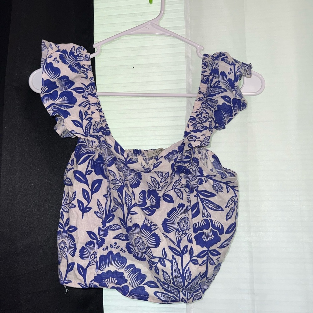 Rachel Blue and White Flutter Sleeve Ruffled Blouse